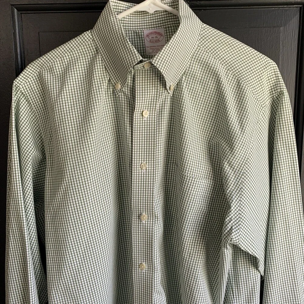 BROOKS BROTHERS THE ORIGINAL POLO SHIRT Mens 16/35 LONG SLEEVE Green Checked - Picture 2 of 8